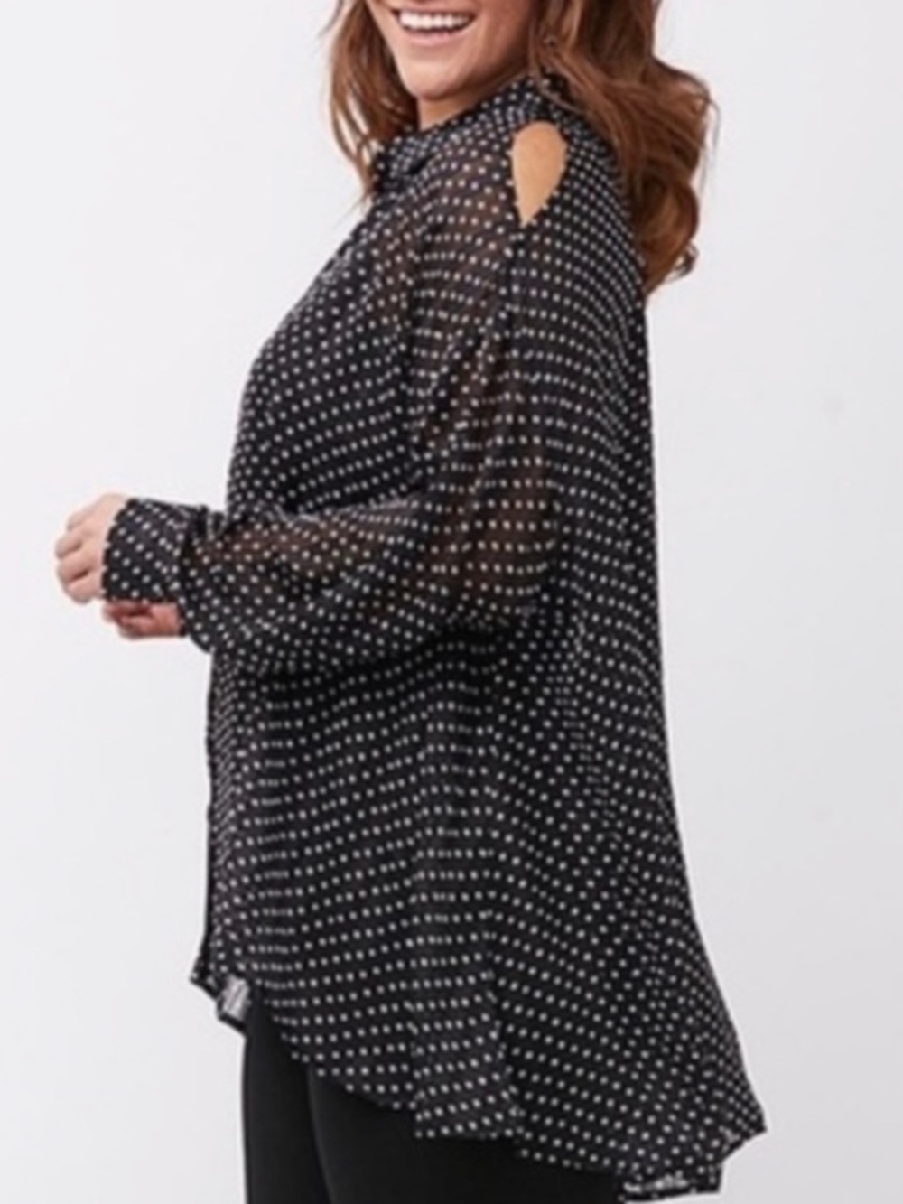 Lane Bryant Black Polka Dot Cold Shoulder Sheer Button Up‎ Blouse 26/28